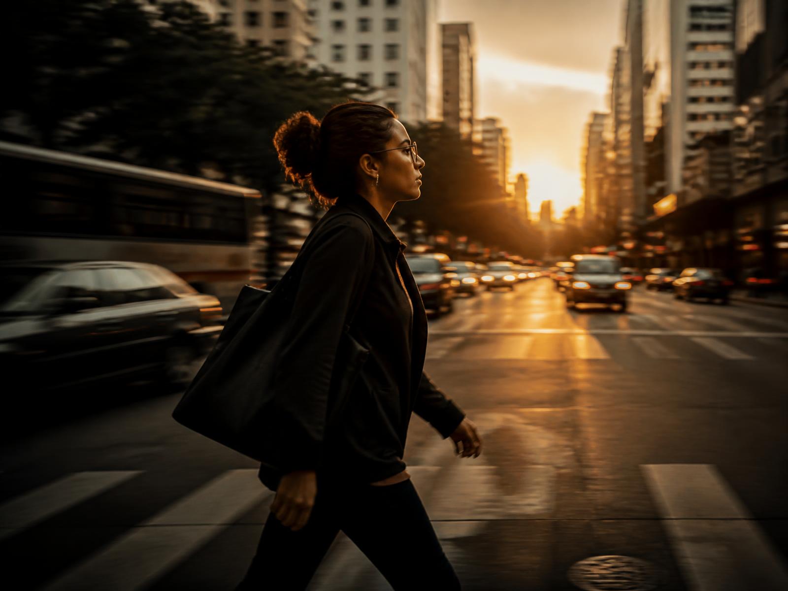 Pessoa atravessando uma avenida de São Paulo no fim da tarde, em movimento